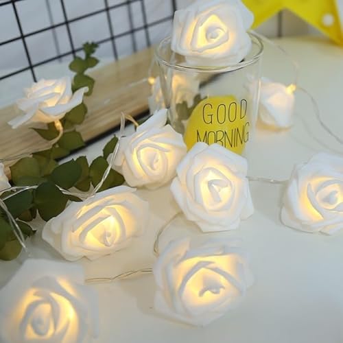 Syzplnwy Weiße Rosen-Lichterkette, 3 m, 20 LEDs, realistische Blumen-Lichterkette, batteriebetrieben, romantisches Dekor für Hochzeiten, Schlafzimmer, Vorschläge von Syzplnwy