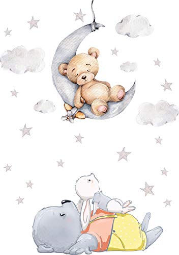 Szeridan D308 75 x 100 cm Teddybär auf dem Mond Kaninchen Wolken Sterne Tiere Himmel Wandtattoo Babyzimmer Wandsticker Aufkleber Deko für Kinderzimmer Baby Kinder (XS - 75 x 100 cm) von Szeridan