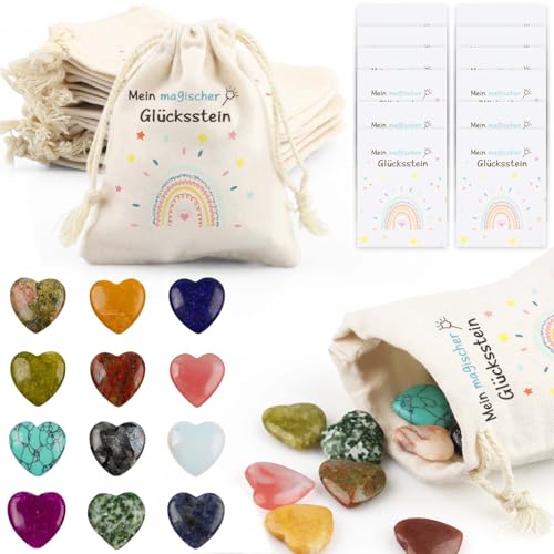 12er Glückssteine für Kinder, Kindergeburtstag Mitgebsel mit Edelsteine Jutesäckchen und Magische Steine Kärtchen, Give Away für Taufe Kommunion Hochzeit oder Wichtelgeschenk, Glücksbringer Kinder (C) von Szhhrxi