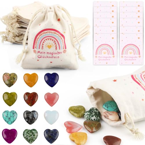 12er Glückssteine für Kinder, Kindergeburtstag Mitgebsel mit Edelsteine Jutesäckchen und Magische Steine Kärtchen, Give Away für Taufe Kommunion Hochzeit oder Wichtelgeschenk, Glücksbringer Kinder (B) von Szhhrxi