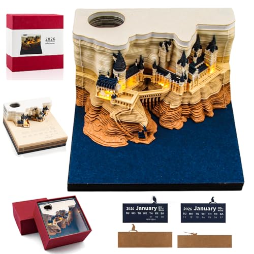 2026 3D Tischkalender-Notizblock, 3D Kalender Abreißen 2026 mit Licht und Stifthalter, Magic Castle 3d-Notizblock, Kreative 3D-Papierskulptur mit Glasklarem Anzeigebox, 3D Diy Desktop-Ornament von Szhhrxi