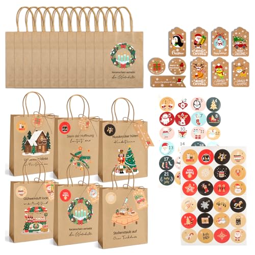 24 Stück Adventskalender Papiertüten Set zum Befüllen, 6 Weihnachtsmotive inkl. 24 Aufkleber + 50 Anhänger mit Juteschnur, Kraftpapier Geschenktüten Weihnachtenmit mit Henkel, 120 g/m², Braun 24 Stück Adventskalender Papiertüten Set zum Befüllen, 6 Weihnachtsmotive inkl. 24 Aufkleber + 50 Anhänger mit Juteschnur, Kraftpapier Geschenktüten Weihnachtenmit mit Henkel, 120 g/m², Braun von Szhhrxi