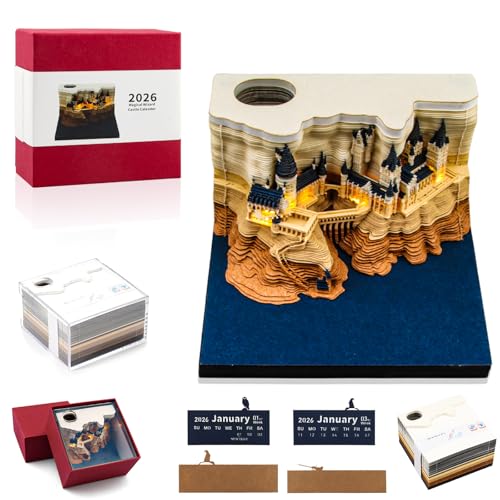 3D-Notizblock, 3D Kalender Abreißen 2026, Kreativer Haftnotizen, Tischkalender-Notizblock, 3D Schlossmodell Papierkunst mit Licht und Klarer Anzeigebox, 3D Memo Pad, Papierskulptur Bastel Tischdeco von Szhhrxi