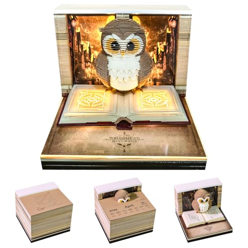 3D Tischkalender Abreißen 2026, 3D Notizblock Kalender mit Licht, Kreative Eule Papier Schnitzerei Kunst Schreibtisch Kalender, DIY Eulen Dekoration für Weihnachten Neujahr Geschenk (Eule) von Szhhrxi