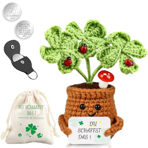 Du Schaffst Das Geschenk, Vierblättriges Kleeblatt Häkelblumen mit Kleiner Glücksbringer, Dankeschön Geschenke klein für Viel Glück & Motivation, Positive Kartoffel Deutsch Ersatz (A) von Szhhrxi