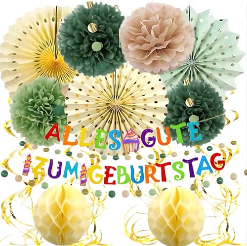 Geburtstagsdeko, Premium Wiederverwendbare Party Deko, Happy Birthday Girlande, Geburtstag Deko, Geburtstagsdeko Frauen, Wimpelkette Geburtstag, Wabenbälle, Pompons Deko, Sage Grün Deko (B) von Szhhrxi