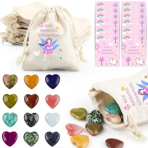 Glückssteine für Kinder, 12 Stück "Einhorn / Märchen" Motto Glücksbringer Herz Stein Kristalle Edelsteine Set, Kindergeburtstag Mitgebsel mit Edelsteine, Jutesäckchen und Magische Steine Kärtchen Glückssteine für Kinder, 12 Stück "Einhorn / Märchen" Motto Glücksbringer Herz Stein Kristalle Edelsteine Set, Kindergeburtstag Mitgebsel mit Edelsteine, Jutesäckchen und Magische Steine Kärtchen von Szhhrxi