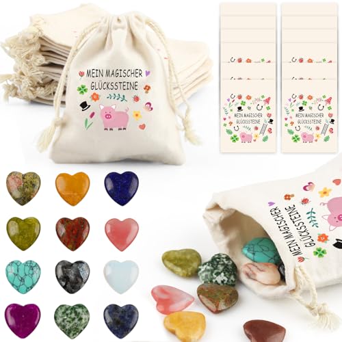 Szhhrxi Glückssteine für Kinder, 12 Stück Glücksschwein Motto Glücksbringer Herz Stein Kristalle Edelsteine Set, Kindergeburtstag Mitgebsel mit Edelsteine, Jutesäckchen und Magische Steine Kärtchen Szhhrxi Glückssteine für Kinder, 12 Stück Glücksschwein Motto Glücksbringer Herz Stein Kristalle Edelsteine Set, Kindergeburtstag Mitgebsel mit Edelsteine, Jutesäckchen und Magische Steine Kärtchen von Szhhrxi