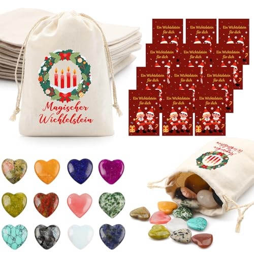 Szhhrxi Magischer Wichtelstein, 12er Kinder Glückssteine mit Edelsteine Jutesäckchen und Magische Steine Kärtchen, Wichtel Zubehör für Weihnachten, Glücksbringer als Geschenk für Kinder (Elf) von Szhhrxi