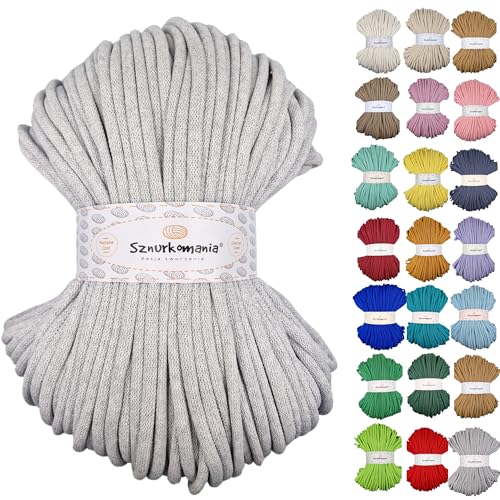 Sznurkomania, Baumwollkordel 9mm 100m, viele Farben, Makramee Garn, Baumwollgarn, geflochtene Baumwollkordel mit Kern, Makramee Kordel, Häkelkordel, Kordel 9mm, gehäkelte Tasche (Hellgrau) von Sznurkomania