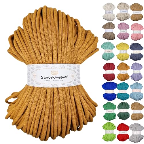 Sznurkomania, Baumwollkordel 9mm 100m, viele Farben, Makramee Garn, Baumwollgarn, geflochtene Baumwollkordel mit Kern, Makramee Kordel, Häkelkordel, Kordel 9mm, gehäkelte Tasche (Senf) von Sznurkomania