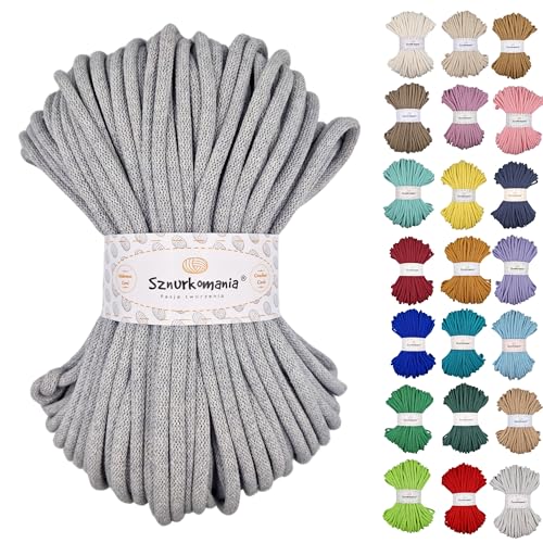 Sznurkomania, Baumwollkordel 9mm 50m, viele Farben, Makramee Garn, Baumwollgarn, geflochtene Baumwollkordel 9mm mit Kern, Häkelkordel, gehäkelte Tasche (Grau) von Sznurkomania