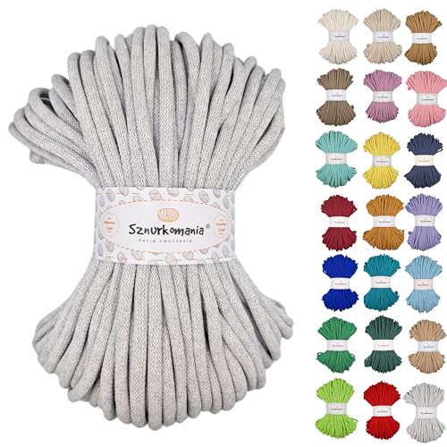Sznurkomania, Baumwollkordel 9mm 50m, viele Farben, Makramee Garn, Baumwollgarn, geflochtene Baumwollkordel 9mm mit Kern, Häkelkordel, gehäkelte Tasche (Hellgrau) von Sznurkomania