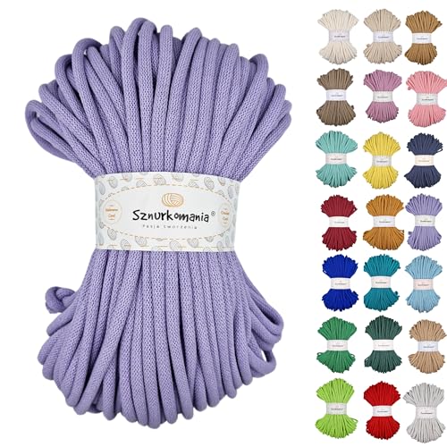 Sznurkomania, Baumwollkordel 9mm 50m, viele Farben, Makramee Garn, Baumwollgarn, geflochtene Baumwollkordel 9mm mit Kern, Häkelkordel, gehäkelte Tasche (Lavendel) von Sznurkomania