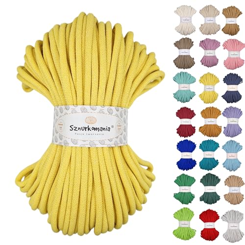 Sznurkomania, Baumwollkordel 9mm 50m, viele Farben, Makramee Garn, Baumwollgarn, geflochtene Baumwollkordel 9mm mit Kern, Häkelkordel, gehäkelte Tasche (Zitrone) von Sznurkomania