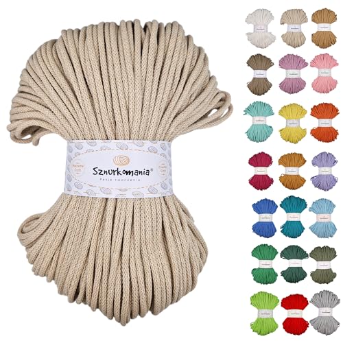 Sznurkomania, Geflochtene Baumwollkordel 5mm 100m, 46 Farben, Häkelkordel, Makramee Kordel, Makramee Garn, Premium Garn, Makramee Seil, (Hell beige) von Sznurkomania