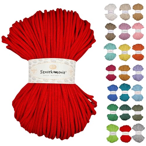 Sznurkomania, Geflochtene Baumwollkordel 5mm 100m, 46 Farben, Häkelkordel, Makramee Kordel, Makramee Garn, Premium Garn, Makramee Seil, (Rot) von Sznurkomania