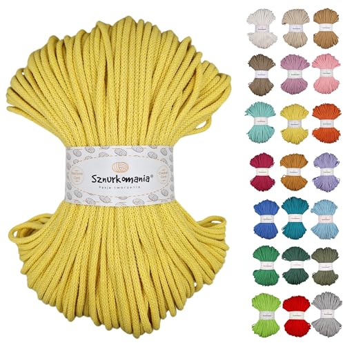 Sznurkomania, Geflochtene Baumwollkordel 5mm 100m, 46 Farben, Häkelkordel, Makramee Kordel, Makramee Garn, Premium Garn, Makramee Seil, (Zitrone) von Sznurkomania