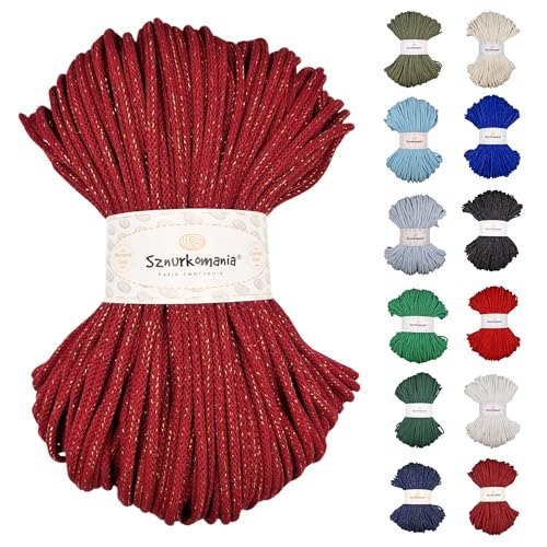 Kordel 5mm, 5mm Baumwollschnur 100 Meter, Glitzerschnur, glänzende Schnur, Makrameeschnur, Bastelschnur, Handtaschenschnur, Teppichschnur, Makramee-Wandschnur, (Claret mit Gold) von Sznurkomania