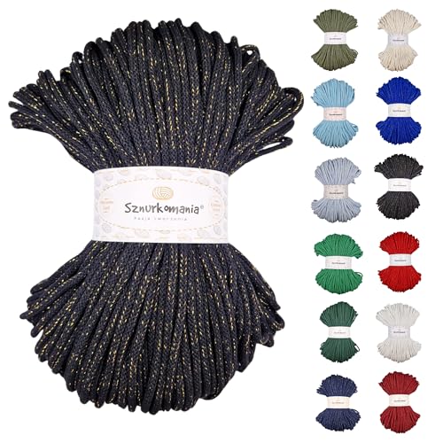 Kordel 5mm, 5mm Baumwollschnur 100 Meter, Glitzerschnur, glänzende Schnur, Makrameeschnur, Bastelschnur, Handtaschenschnur, Teppichschnur, Makramee-Wandschnur, (Schwarz mit Goldfaden) von Sznurkomania