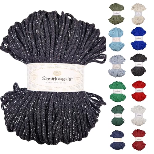 Sznurkomania, Kordel 5mm, 5mm Baumwollschnur 100 Meter, Glitzerschnur, glänzende Schnur, Makrameeschnur, Bastelschnur, Handtaschenschnur, Teppichschnur, Makramee-Wandschnur, (Schwarz mit Silberfaden) von Sznurkomania