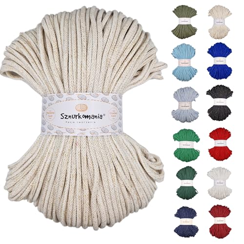 Sznurkomania, Kordel 5mm, 5mm Baumwollschnur 100 Meter, Glitzerschnur, glänzende Schnur, Makrameeschnur, Bastelschnur, Handtaschenschnur, Teppichschnur, Makramee-Wandschnur, (Weiß mit Goldfaden) von Sznurkomania