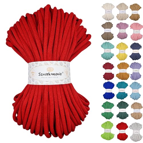 Sznurkomania, Baumwollkordel 9mm 50m, viele Farben, Makramee Garn, Baumwollgarn, geflochtene Baumwollkordel 9mm mit Kern, Häkelkordel, gehäkelte Tasche (Rot) von Sznurkomania
