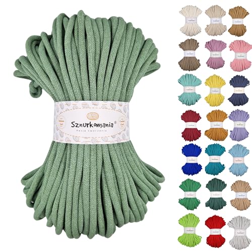 Sznurkomania, Baumwollkordel 9mm 50m, viele Farben, Makramee Garn, Baumwollgarn, geflochtene Baumwollkordel 9mm mit Kern, Häkelkordel, gehäkelte Tasche (Salbei) von Sznurkomania