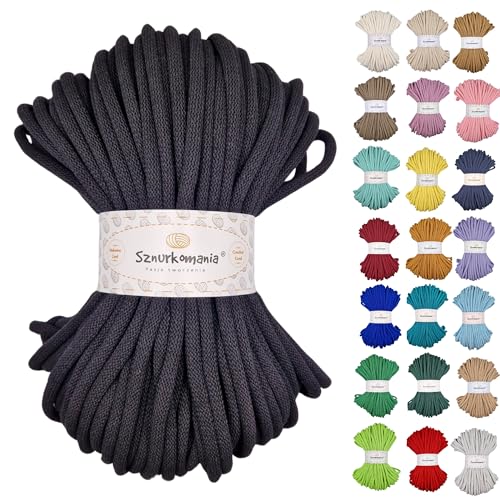 Sznurkomania, Baumwollkordel 9mm 50m, viele Farben, Makramee Garn, Baumwollgarn, geflochtene Baumwollkordel 9mm mit Kern, Häkelkordel, gehäkelte Tasche (Schwarz) von Sznurkomania