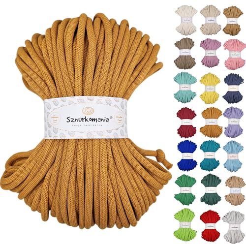 Sznurkomania, Baumwollkordel 9mm 50m, viele Farben, Makramee Garn, Baumwollgarn, geflochtene Baumwollkordel 9mm mit Kern, Makramee Kordel, Häkelkordel, Kordel 9mm, gehäkelte Tasche (Senf) von Sznurkomania