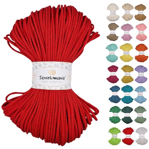 Sznurkomania, Geflochtene Baumwollkordel 3mm 100m, 46 Farben, Häkelkordel, Makramee Kordel, Makramee Garn, Premium Garn, Makramee Seil, (Rot) von Sznurkomania