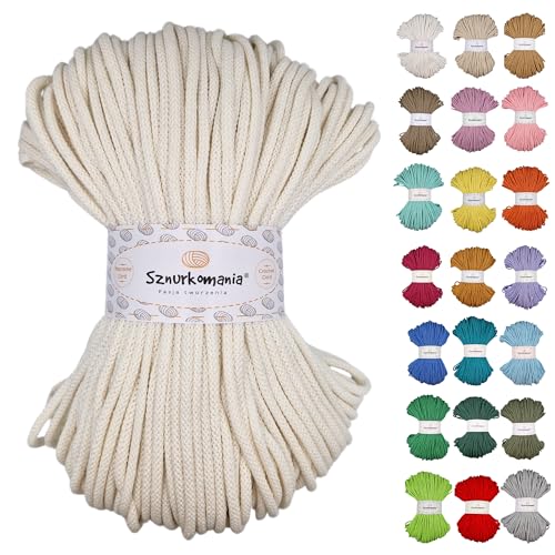 Sznurkomania, Geflochtene Baumwollkordel 5mm 100m, 46 Farben, Häkelkordel, Makramee Kordel, Makramee Garn, Premium Garn, Makramee Seil, (Ecru) von Sznurkomania