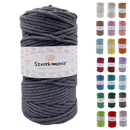 Sznurkomania, Geflochtene Baumwollkordel 5mm 100m, 46 Farben, Häkelkordel, Makramee Kordel, Makramee Garn, Premium Garn, Makramee Seil, (Graphit) von Sznurkomania
