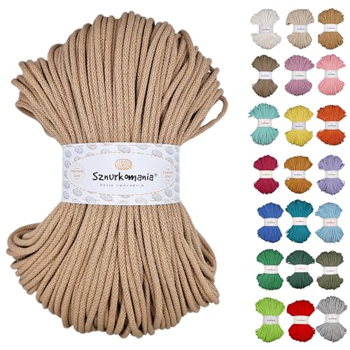Sznurkomania, Geflochtene Baumwollkordel 5mm 100m, 46 Farben, Häkelkordel, Makramee Kordel, Makramee Garn, Premium Garn, Makramee Seil, (Karamell) von Sznurkomania
