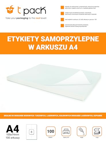 100 Blätter A4 Etiketten Selbstklebend Bedruckbar – Sticker Aufkleber Klebeetiketten Universal, Premium Papier, Kompatibel mit Inkjet & Laser Drucker, Versandetiketten (105x74mm, 8 Etiketten/Bogen) von T-PACK shop