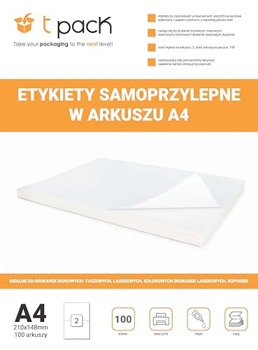 100 Blätter A4 Etiketten Selbstklebend Bedruckbar – Sticker Aufkleber Klebeetiketten Universal, Premium Papier, Kompatibel mit Inkjet & Laser Drucker, Versandetiketten (210x148mm, 2 Etiketten/Bogen) von T-PACK shop