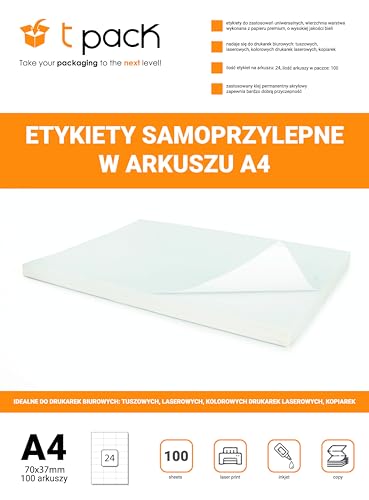 100 Blätter A4 Etiketten Selbstklebend Bedruckbar – Sticker Aufkleber Klebeetiketten Universal, Premium Papier, Kompatibel mit Inkjet & Laser Drucker, Versandetiketten (70x37mm, 24 Etiketten/Bogen) von T-PACK shop