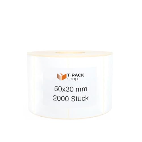 Thermo Etiketten 50x30mm – 2000 Stück auf Rolle – Weiß, Permanent haftend, für Barcode, Versand, Lager, kompatibel mit Zebra, Godex, Brother– Thermische etiketten Thermo Etiketten 50x30mm – 2000 Stück auf Rolle – Weiß, Permanent haftend, für Barcode, Versand, Lager, kompatibel mit Zebra, Godex, Brother– Thermische etiketten von T-PACK shop