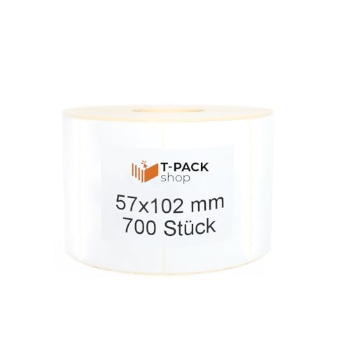 Thermo Etiketten 57x102mm – 700 Stück auf Rolle – Weiß, Permanent haftend, für Barcode, Versand, Lager, kompatibel mit Zebra, Godex, Brother– Thermische etiketten von T-PACK shop