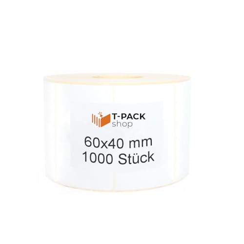 Thermo Etiketten 60x40mm – 1000 Stück auf Rolle – Weiß, Permanent haftend, für Barcode, Versand, Lager, kompatibel mit Zebra, Godex, Brother– Thermische etiketten von T-PACK shop