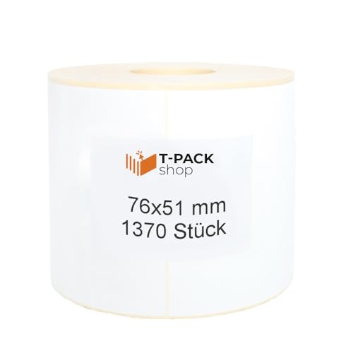 Thermo Etiketten auf Rolle - 76 x 51 mm - 1.370 Stück je Rolle - Kern: 25 mm - aussen gewickelt - permanent haftend - Druckverfahren: Thermodirekt (Drucken ohne Farbband) von T-PACK shop