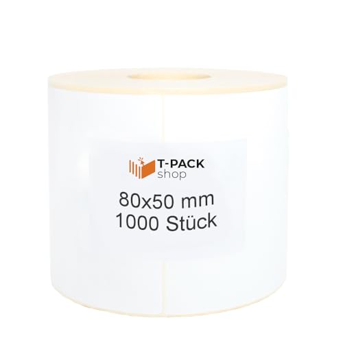 Thermo Etiketten auf Rolle - 80 x 50 mm - 1.000 Stück je Rolle - Kern: 40 mm - aussen gewickelt - permanent haftend - Druckverfahren: Thermodirekt (Drucken ohne Farbband) von T-PACK shop