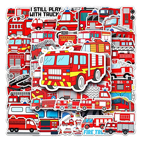 T TAKONE Feuerwehr Aufkleber, 50 Stücke Vinyl Feuerwehr Auto Kinder Sticker, Wasserdichte und Wiederverwendbare Jungen-fahrzeugaufkleber für Koffer, Wasserflasche, Laptop, Skateboard (Feuerwehrauto) von T TAKONE