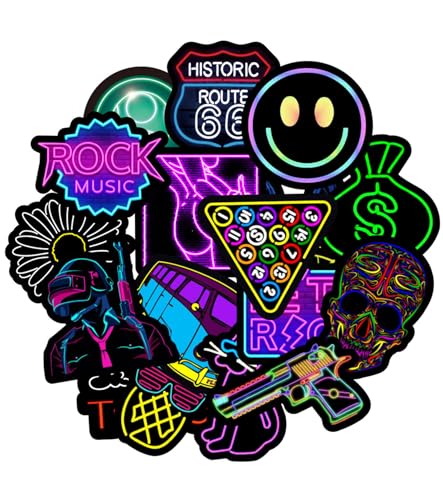 TAKONE Neon Sticker, 50 Stücke Vinyl Coole Stickers, Wasserfeste und Wiederverwendbare Neon Aufkleber für Helm, Moped, MTB, Fahrrad, Skateboard, Koffer und Laptop von T TAKONE