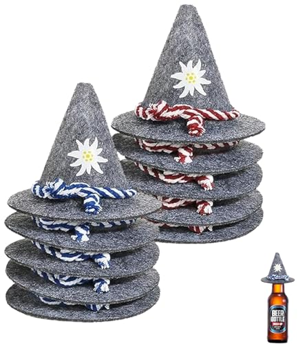 TAKONE Oktoberfest Deko – 10-teilig Mini Trachtenhut Set aus Filz (Grau, Mit Schnur) – Bayerische Deko für Tisch, Party & Karneval von T TAKONE