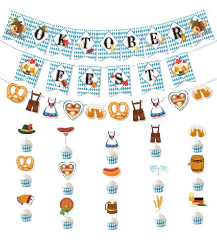 TAKONE Oktoberfest Deko Set – Mit Banner, Wimpelkette & Cupcake Topper, Bayrische Deko für Wiesn Party & Bierfest Indoor/Outdoor von T TAKONE