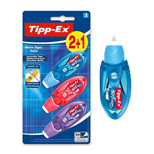 BIC Tipp-Ex Korrekturroller Micro Tape Twist mit Schutzkappe, in 3 Farben (Farblich sortiert), 8m x 5 mm, Ideal für die Schule, 3 Stück von BIC