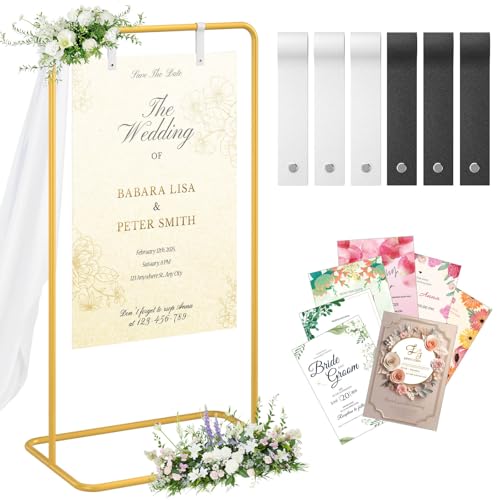 Hochzeits-Willkommensschild-Ständer, verstellbarer "Welcome to Our Wedding Sign Holder", goldfarbener Staffelei-Ständer für Schilder, mit Design-Paket und Lederschild-Aufhängeriemen, für Party Hochzeits-Willkommensschild-Ständer, verstellbarer "Welcome to Our Wedding Sign Holder", goldfarbener Staffelei-Ständer für Schilder, mit Design-Paket und Lederschild-Aufhängeriemen, für Party von TAANK