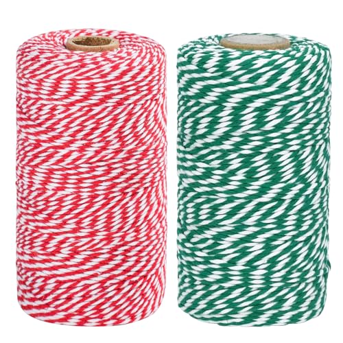 TACHIO 2mm Baumwolle Schnur, 100M Bäckergarn,Bäcker Bindfäden, Bastelschnur Dekokordel Schnur Perfekt für Garten Bilder Pflanzen Basteln, 2 Rolle Rot Weiß und Grün Weiß von TACHIO