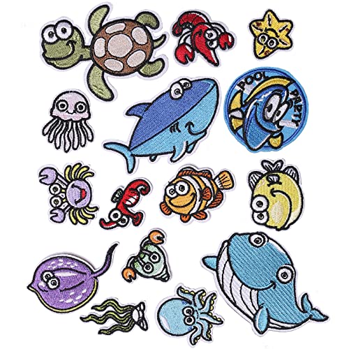 TACVEL 15 Pieces Ocean Animal Embroidered Iron on Patch, Iron on Patches Set, Sew On/Iron on Patch Applique for Clothes, Dress, Hat, Jeans, DIY Accessories von TACVEL